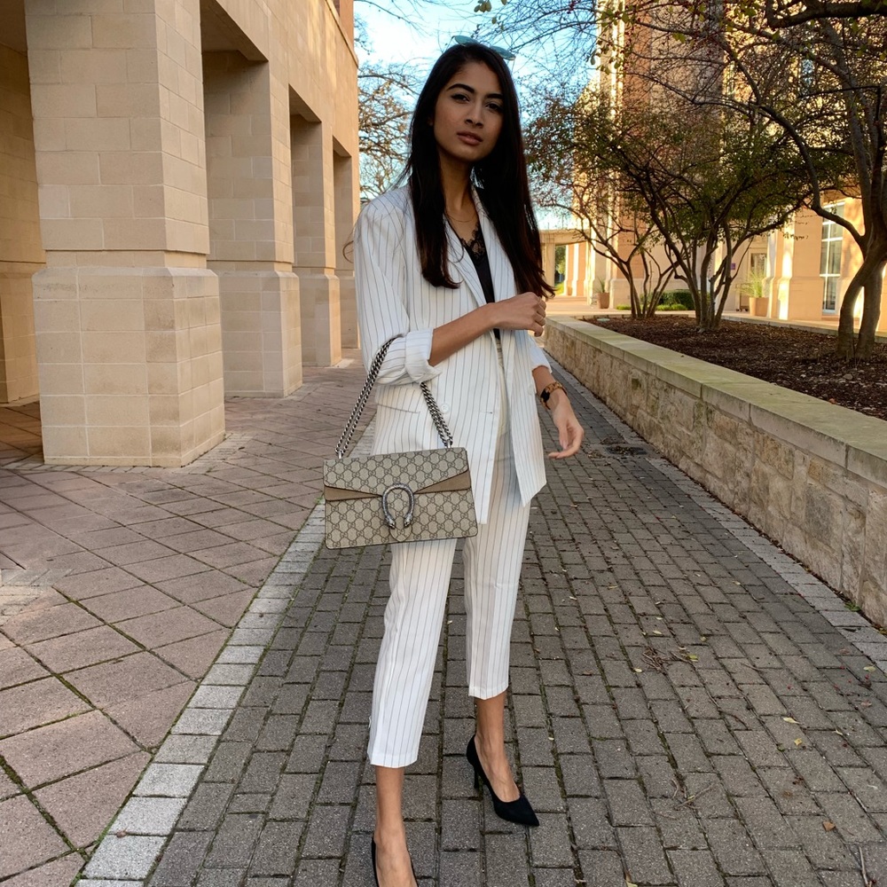 White blazer and pant set with black stripes NEW